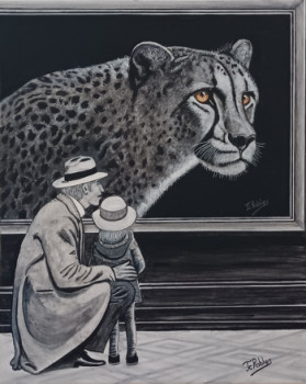 Œuvre contemporaine nommée « Un homme et sa petite fille regardant dans une exposition un tableau représentant un léopard. », Réalisée par JEAN-CLAUDE ROBLES