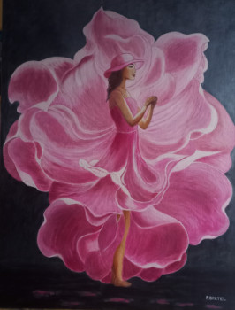 Œuvre contemporaine nommée « " La Femme Fleur " Une toile style un peu onirique ! des pétales dans un dégradé de roses ! », Réalisée par PATRICIA BRETEL