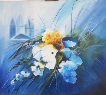 Œuvre contemporaine nommée « Bouquet de Fleur dans le bleu », Réalisée par LES PEINTURES DE JOELLE BROUILLARD