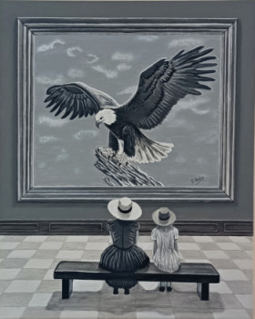Œuvre contemporaine nommée « Une mère et sa fille regardent un tableau représentant un magnifique aigle. », Réalisée par JEAN-CLAUDE ROBLES