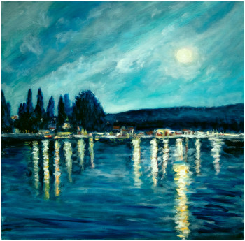 Œuvre contemporaine nommée « Bord du lac de Bienne à la nuit tombante », Réalisée par KRIGOU CHRISTIAN SCHNIDER