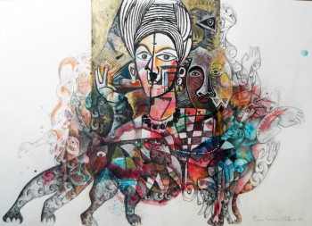 Œuvre contemporaine nommée « Serie PICASSO MESTIZO. Picasso primitivo. Mixta cartulina. 50x70 cm. Año 2023 », Réalisée par FELIPE ALARCóN ECHENIQUE