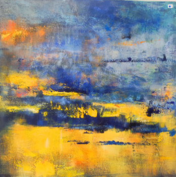 Œuvre contemporaine nommée « Acrylique sur toile - Abstraction en jaune et bleu », Réalisée par FLORE.M