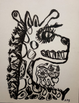 Œuvre contemporaine nommée « Dessin la girafe et le chat 21x30cm feutre noir », Réalisée par SYLVAIN DEZ