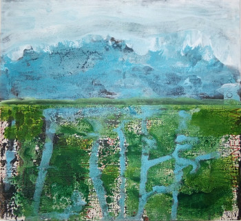 Œuvre contemporaine nommée « Paysage coulant #1 - Acrylique sur papier de magazine - 20,5X20 cm - 2022 », Réalisée par ROSE. (PWIN)