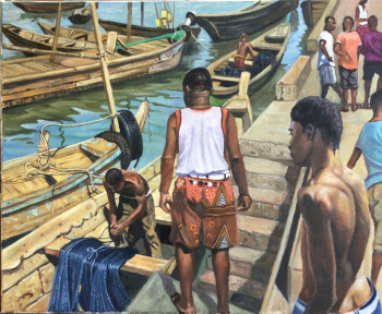 Œuvre contemporaine nommée « Pêcheurs dans le port de Cotonou - Benin », Réalisée par JEAN-FRANCOIS DAMLENCOUR