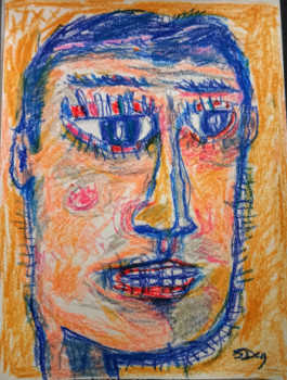 Œuvre contemporaine nommée « Peinture portrait homme visage bleu jaune 21x28cm », Réalisée par SYLVAIN DEZ