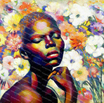 Œuvre contemporaine nommée « L'africaine aux fleurs », Réalisée par STEVE DELERIS