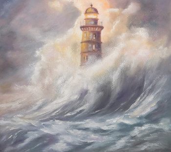 Œuvre contemporaine nommée « TEMPÊTE SUR LE PHARE », Réalisée par MARTINE GRéGOIRE