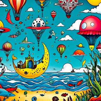Œuvre contemporaine nommée « Le rêve de s'éloigner de la réalité et de s'envoler dans des ballons colorés », Réalisée par ELEGANTCHIKOVA