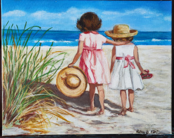 Œuvre contemporaine nommée « Deux fillettes dans la main sur la plage », Réalisée par PATRICK FOI