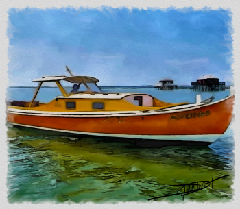 Œuvre contemporaine nommée « la pinasse jaune devant les cabanes des pêcheurs », Réalisée par DOMINIQUE DULOT DIGITAL