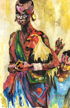 Œuvre contemporaine nommée « Jeune africaine au coq », Réalisée par G.MAZAN