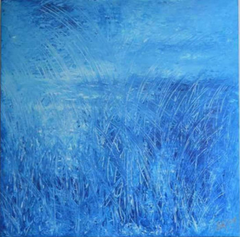 Œuvre contemporaine nommée « Acrylique sur toile de lin 120x120 Peinture aux doigts bleu Klein  à plat sur table . », Réalisée par CARMO