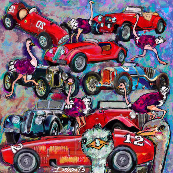 Œuvre contemporaine nommée « Colorful red cars and autruches », Réalisée par DORON B