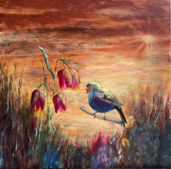 Œuvre contemporaine nommée « L’oiseau, fleurs au coucher de soleil », Réalisée par HONG