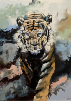 Œuvre contemporaine nommée « Sa majesté: le tigre. huile au couteau », Réalisée par VETOKI