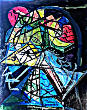 Œuvre contemporaine nommée « Motifs géométrique répétés, acrylique et gouache sur 4 feuilles A3 juxtaposées », Réalisée par ANTOINE