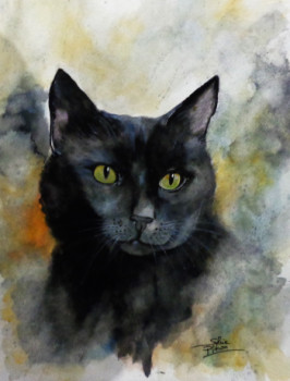 Œuvre contemporaine nommée « chat noir ombre et lumière », Réalisée par SYLVIE PINON