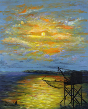 Œuvre contemporaine nommée « Cabane de pêche au carrelet au clair de lune », Réalisée par PASCAL VALADEAU