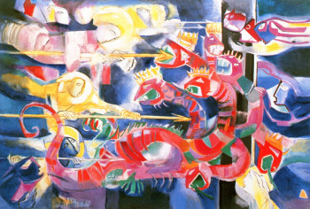 Œuvre contemporaine nommée « Saint Michel et ses anges combattirent le dragon », Réalisée par LOUIS CAILLAUD D'ANGERS