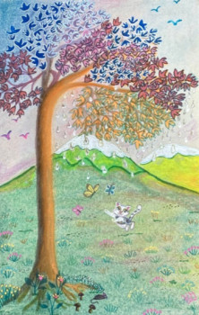 Œuvre contemporaine nommée « Papillons jouant avec un chaton », Réalisée par KATIA HUIDOBRO-MARAIS
