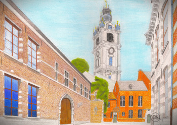 Œuvre contemporaine nommée « Vue sur le beffroi de Mons », Réalisée par PIRDESSINS