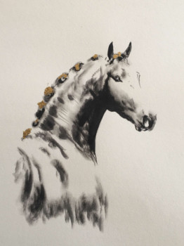 Œuvre contemporaine nommée « Animaux à l’encre de chine avec option feuilles d or », Réalisée par ANNABEL LABATIE