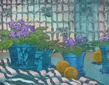 Œuvre contemporaine nommée « Nature morte aux violettes », Réalisée par HUGUETTE DION