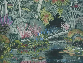 Œuvre contemporaine nommée « L'étang à la tombée du jour », Réalisée par HUGUETTE DION