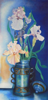 Œuvre contemporaine nommée « Les Iris au vase bleu mexicain », Réalisée par ABERNARDO