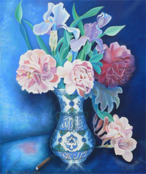 Œuvre contemporaine nommée « Vase bleu aux paéonias », Réalisée par ABERNARDO