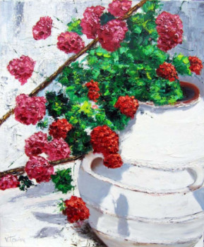 Œuvre contemporaine nommée « Amorgos, jarre aux géraniums », Réalisée par VIVIANE LESUISSE