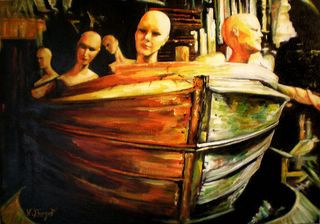 Œuvre contemporaine nommée « La barque aux mannequins », Réalisée par NADINE BURGET