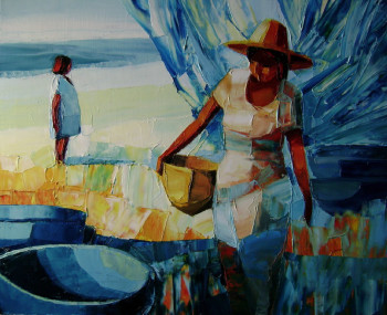 Œuvre contemporaine nommée « Femme et corbeilles bleues », Réalisée par MICHELE RIBEIRO
