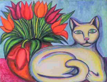 Œuvre contemporaine nommée « Le chat au bouquet », Réalisée par STEPHANE CUNY