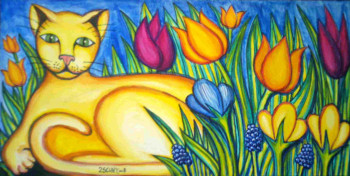 Œuvre contemporaine nommée « Le chat jaune dans les platebandes fleuries », Réalisée par STEPHANE CUNY