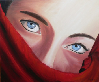 Œuvre contemporaine nommée « Visage de femme au voile rouge », Réalisée par GWEN
