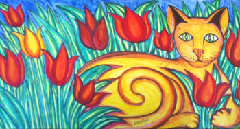 Œuvre contemporaine nommée « Le chat dans la platebande fleurie II », Réalisée par STEPHANE CUNY