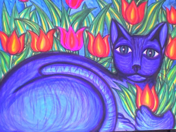 Œuvre contemporaine nommée « Die blaue Katze im Feld von Tulpen », Réalisée par STEPHANE CUNY