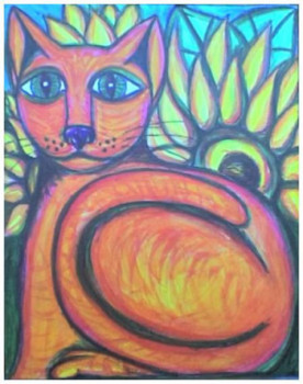 Œuvre contemporaine nommée « Chat orange aux tournesols », Réalisée par STEPHANE CUNY
