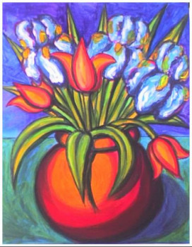 Œuvre contemporaine nommée « Bouquet d'Iris et de Tulipes », Réalisée par STEPHANE CUNY