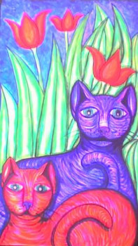 Œuvre contemporaine nommée « Les deux chats aux tulipes », Réalisée par STEPHANE CUNY