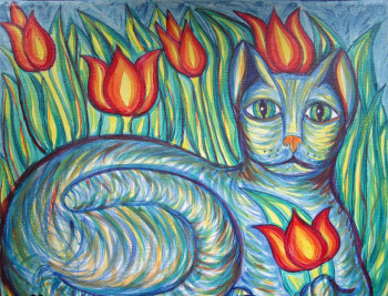 Œuvre contemporaine nommée « Chat vert aux tulipes », Réalisée par STEPHANE CUNY