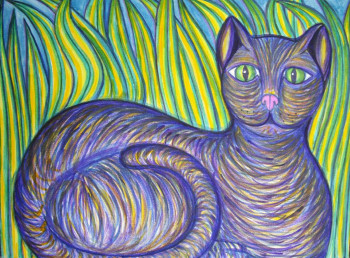 Œuvre contemporaine nommée « Chat bleu dans l'herbe », Réalisée par STEPHANE CUNY