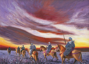 Œuvre contemporaine nommée « retour-des-cavaliers-au-crepuscule », Réalisée par MKINSI FANIDA