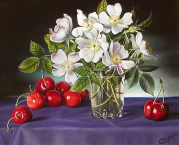 Œuvre contemporaine nommée « Bouquet d'églantines aux cerises », Réalisée par CHRISTIAN LABELLE