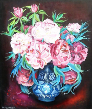 Œuvre contemporaine nommée « Le vase bleu aux péonias », Réalisée par ABERNARDO