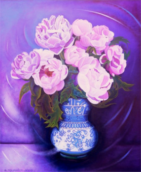 Œuvre contemporaine nommée « Les paéonias au vase bleu calligraphié N°3 », Réalisée par ABERNARDO
