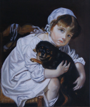 Œuvre contemporaine nommée « Un jeune enfant qui joue avec un chien (PEINTURE DE GREUZE) », Réalisée par CATHERINE MARTIN